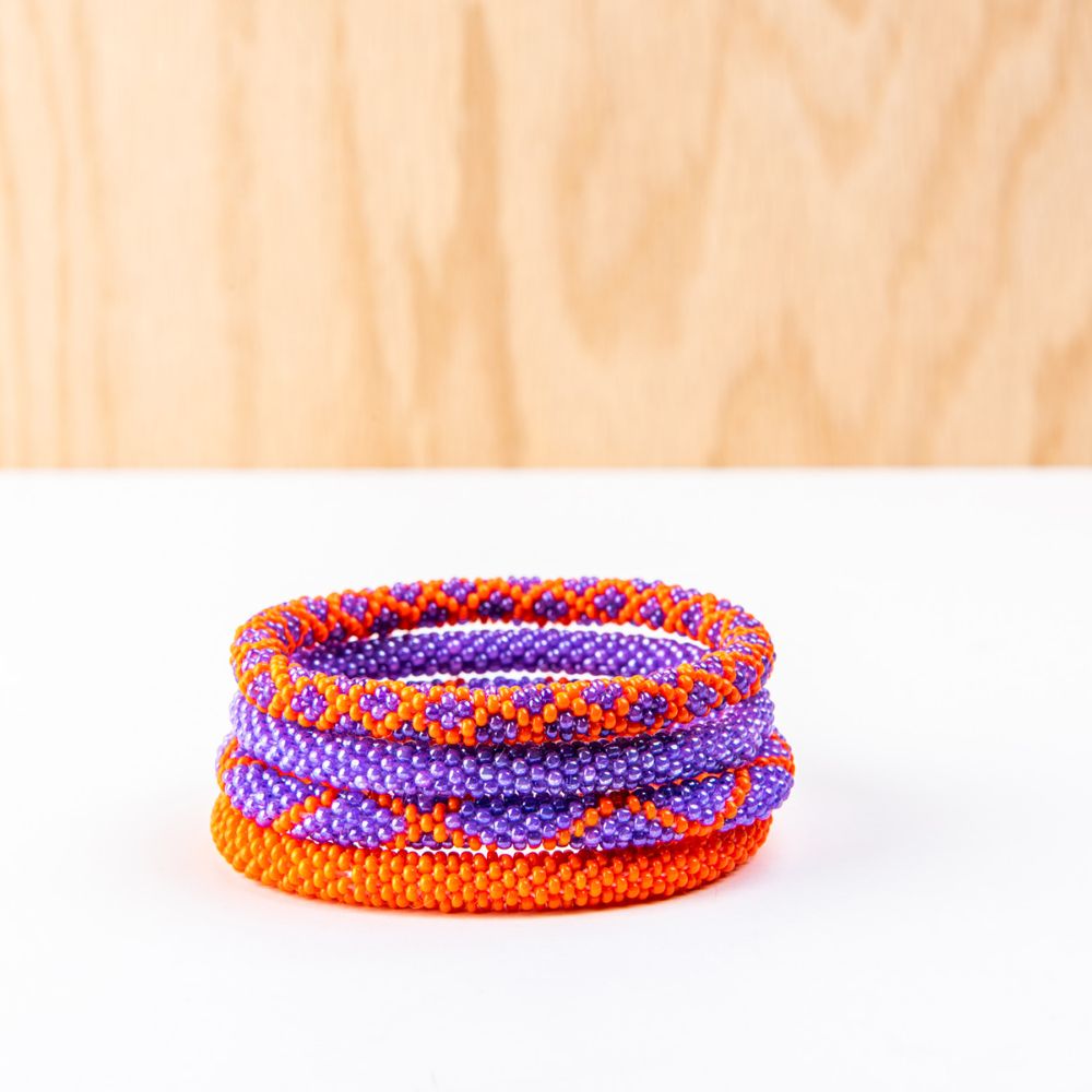 Layered Bracelet Set in Wood & Gold Metal - Orange & Purple