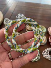 Load image into Gallery viewer, Lime Green, Pearly Blue and Gold Bracelet
